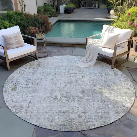 8' Silver Green And Gray Round Floral Washable Indoor Outdoor Area Rug Photo 7