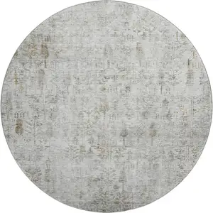 Photo of 8' Silver Ivory And Beige Floral Washable Round Rug With UV Protection