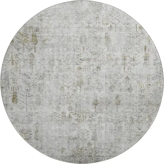 8' Silver Ivory And Beige Floral Washable Round Rug With UV Protection Photo 1