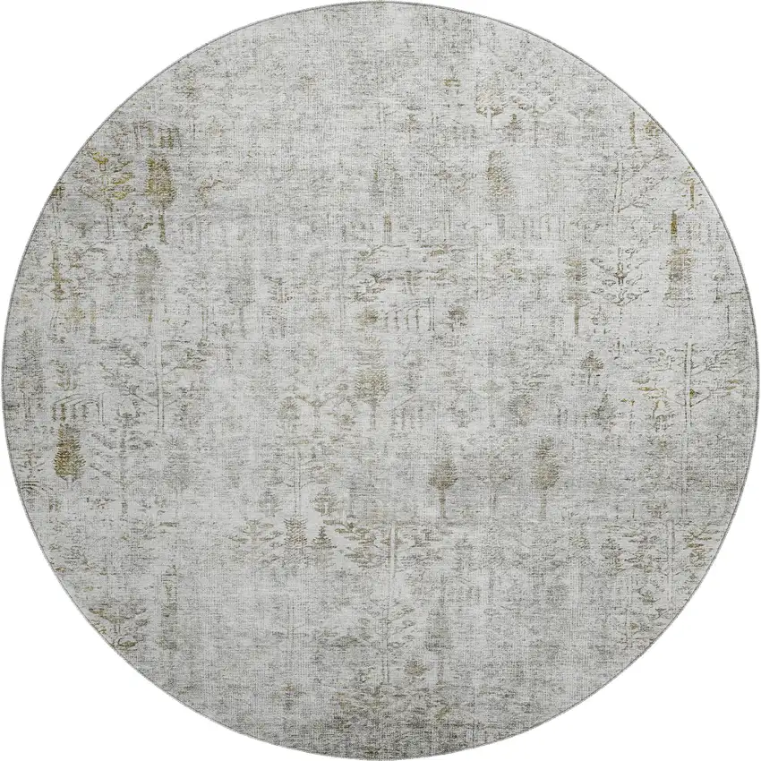 8' Silver Ivory And Beige Floral Washable Round Rug With UV Protection Photo 1
