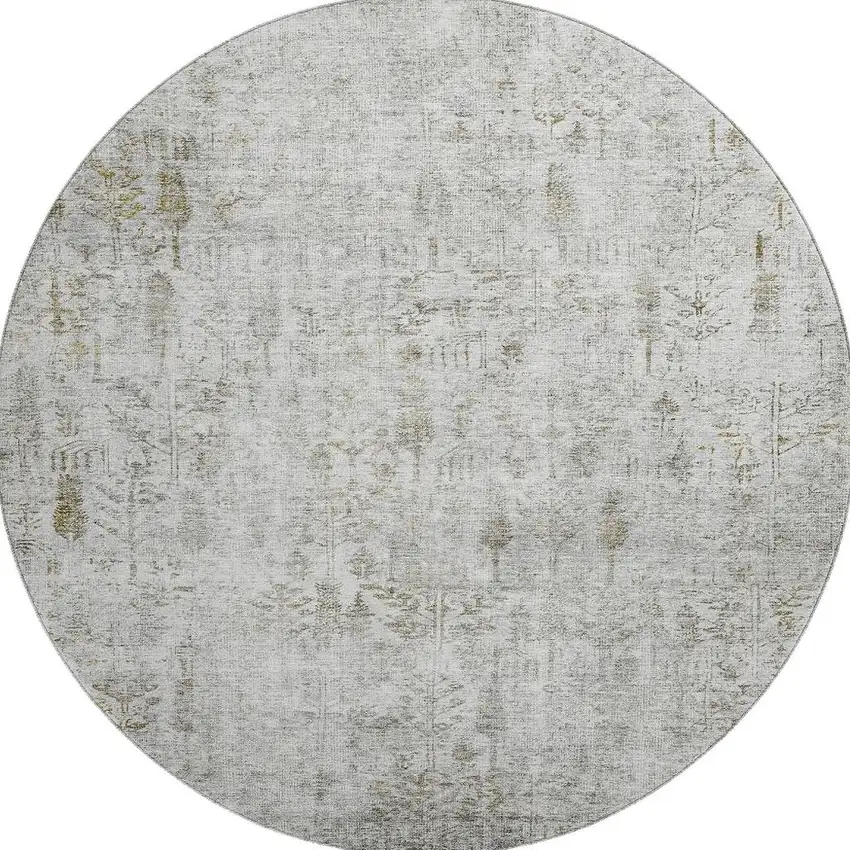 8' Silver Ivory And Beige Floral Washable Round Rug With UV Protection Photo 3