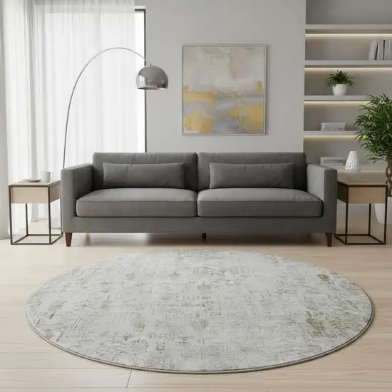 8' Silver Ivory And Beige Floral Washable Round Rug With UV Protection Photo 2