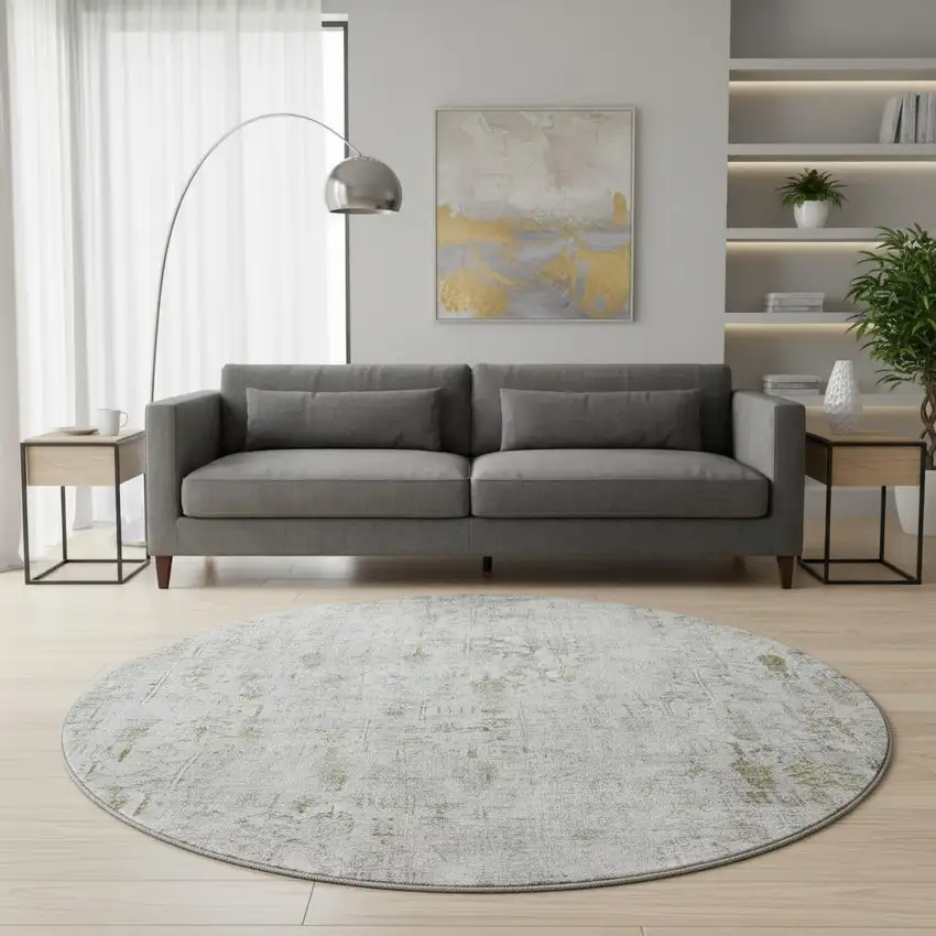 8' Silver Ivory And Beige Floral Washable Round Rug With UV Protection Photo 2