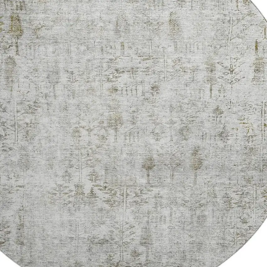 8' Silver Ivory And Beige Floral Washable Round Rug With UV Protection Photo 2