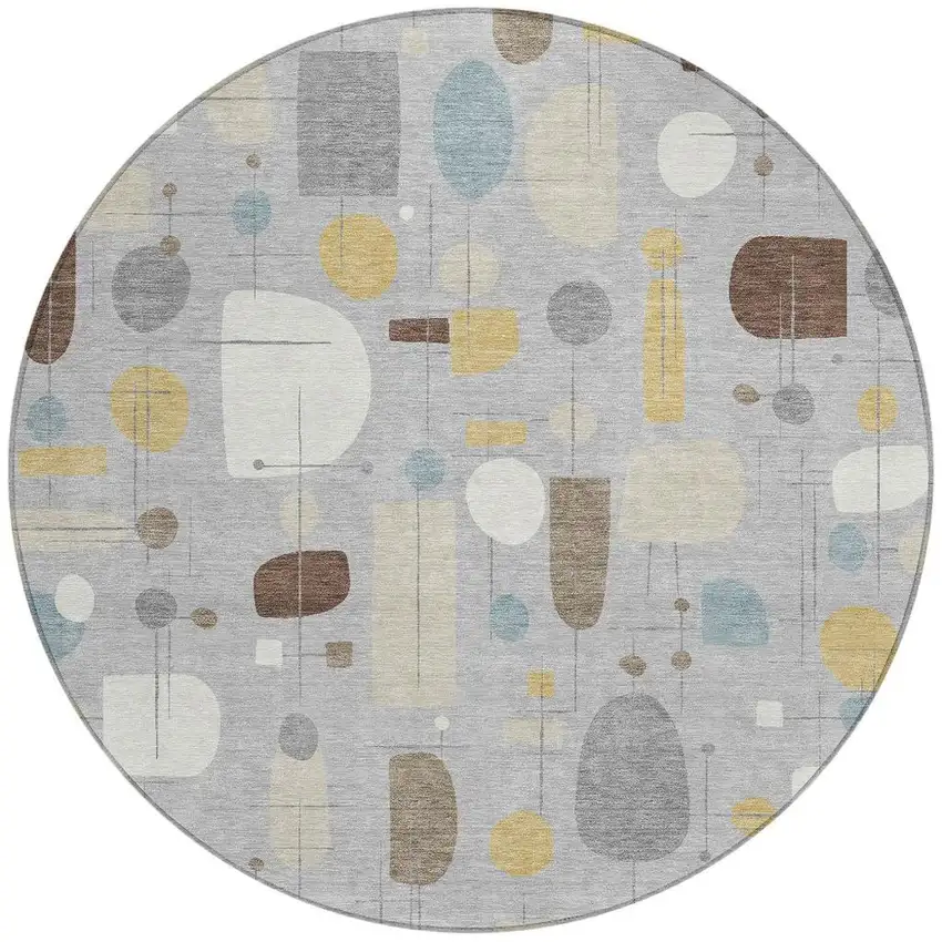 8' Silver Ivory And Brown Round Geometric Washable Indoor Outdoor Area Rug Photo 2