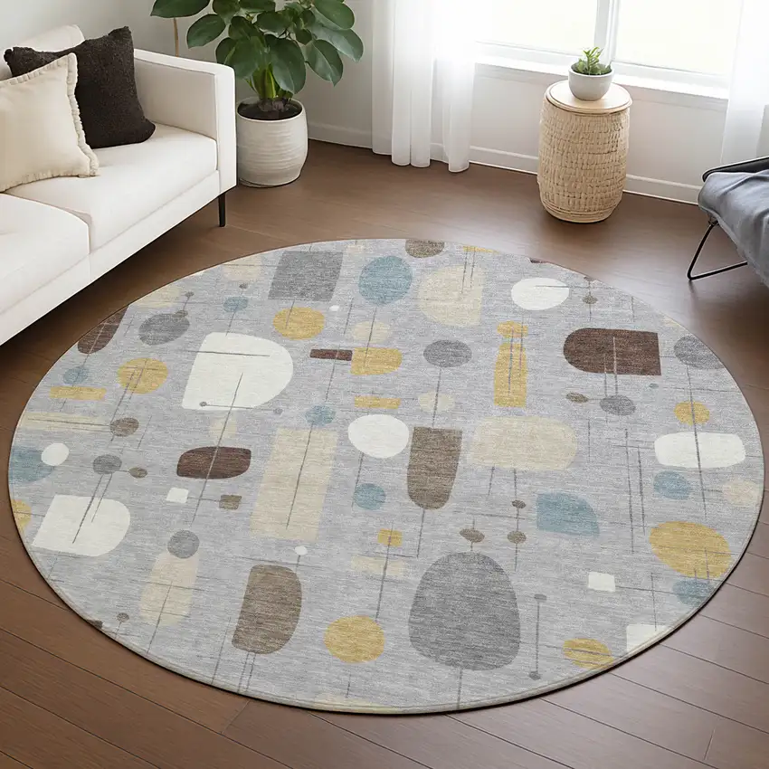 8' Silver Ivory And Brown Round Geometric Washable Indoor Outdoor Area Rug Photo 5