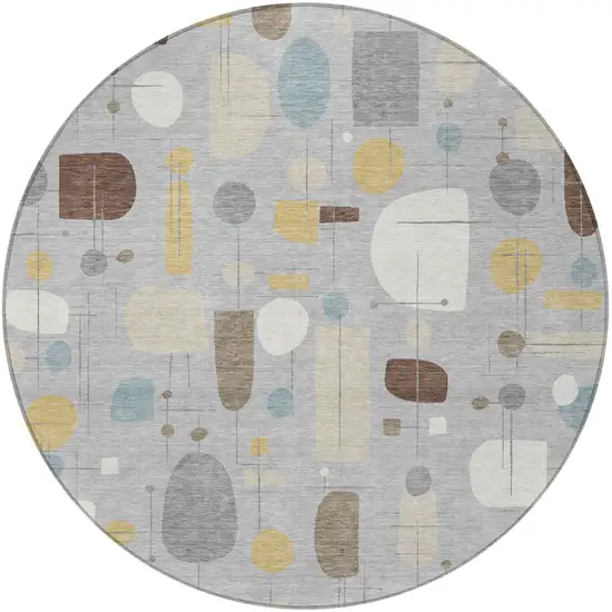 8' Silver Ivory And Brown Round Geometric Washable Indoor Outdoor Area Rug Photo 3
