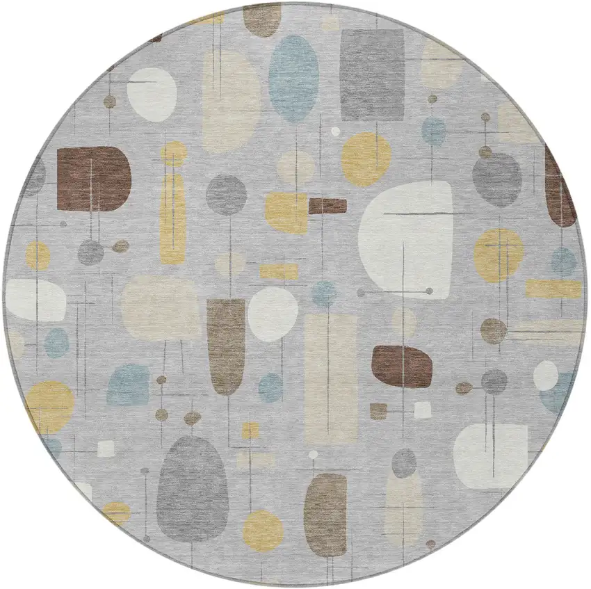 8' Silver Ivory And Brown Round Geometric Washable Indoor Outdoor Area Rug Photo 3