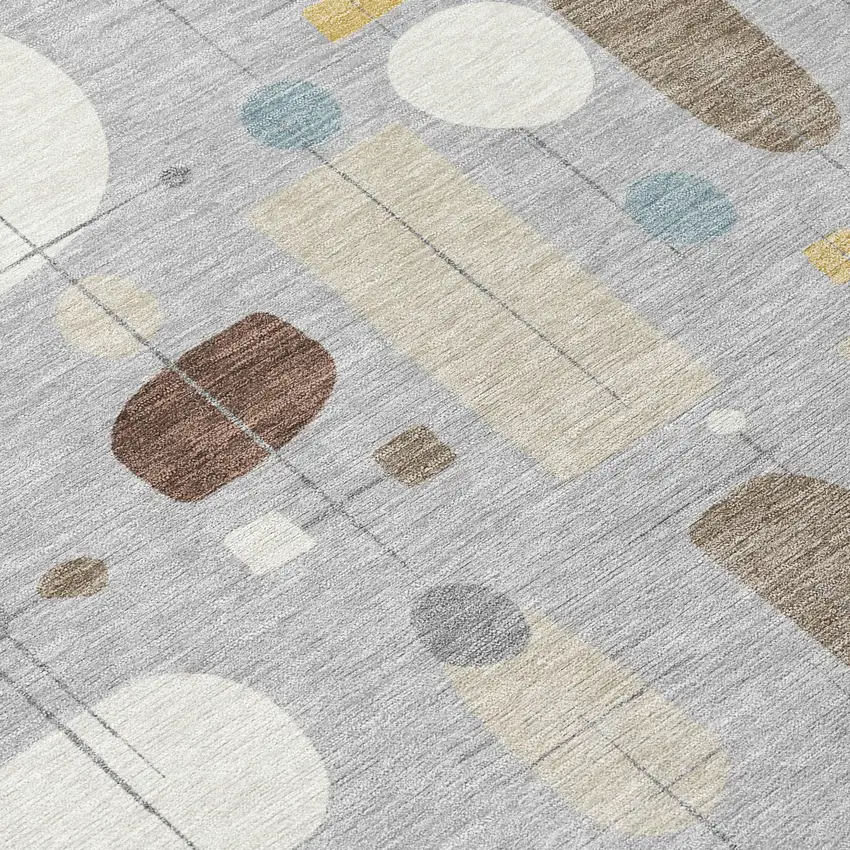 8' Silver Ivory And Brown Round Geometric Washable Indoor Outdoor Area Rug Photo 9