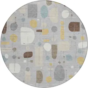 Photo of 8' Silver Ivory And Brown Round Geometric Washable Indoor Outdoor Area Rug