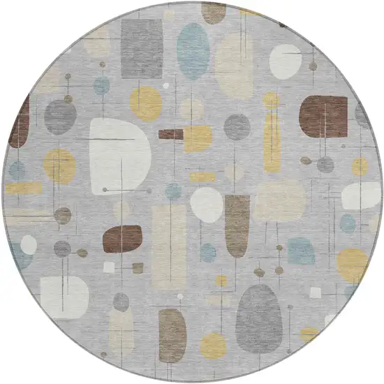 8' Silver Ivory And Brown Round Geometric Washable Indoor Outdoor Area Rug Photo 1