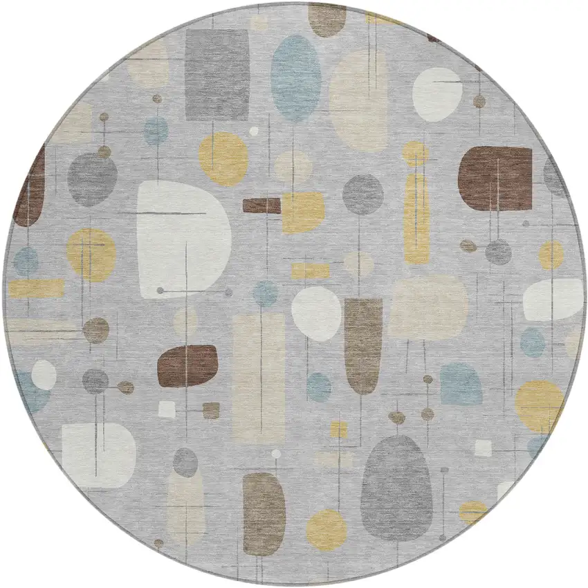 8' Silver Ivory And Brown Round Geometric Washable Indoor Outdoor Area Rug Photo 1