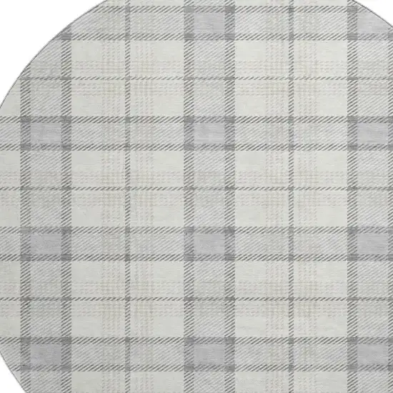 8' Silver Ivory And Gray Plaid Washable Round Rug With UV Protection Photo 2