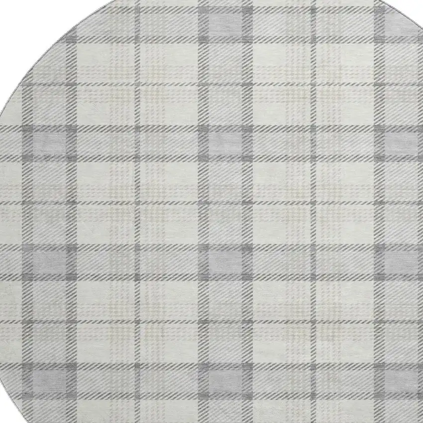 8' Silver Ivory And Gray Plaid Washable Round Rug With UV Protection Photo 2