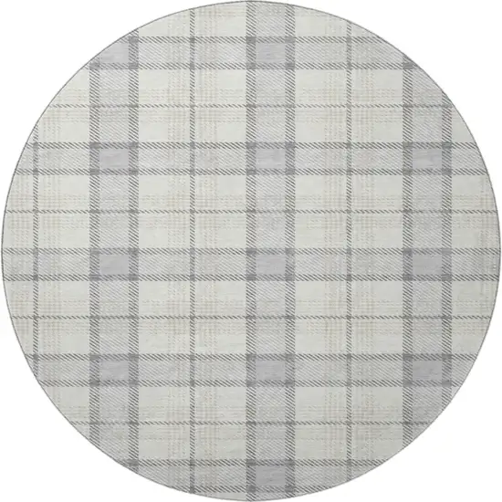 8' Silver Ivory And Gray Plaid Washable Round Rug With UV Protection Photo 3
