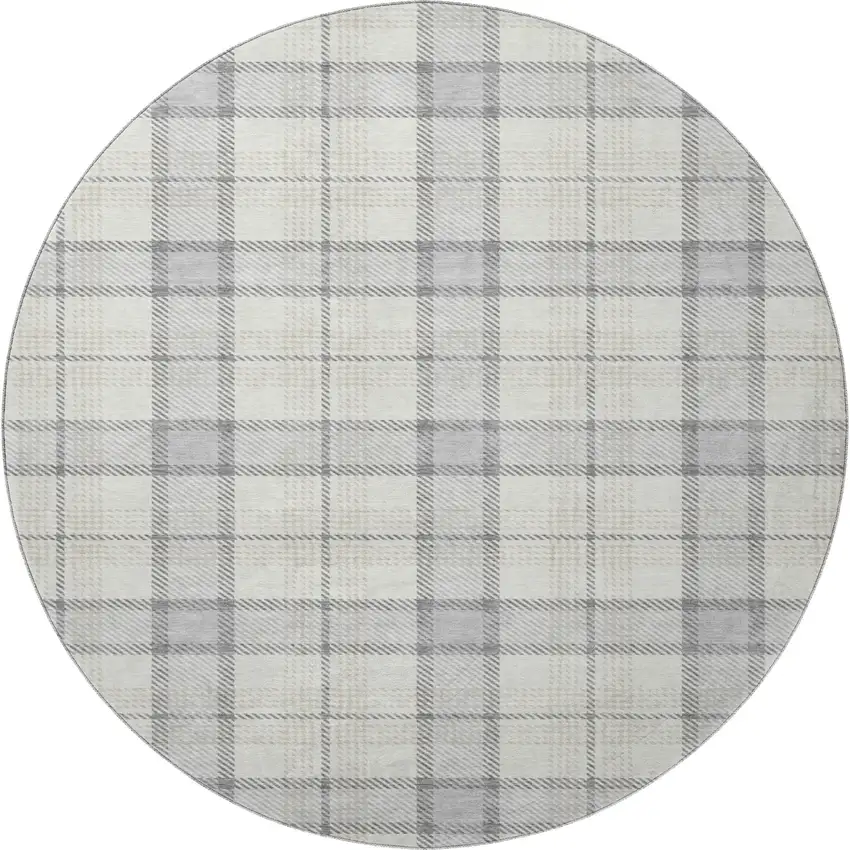 8' Silver Ivory And Gray Plaid Washable Round Rug With UV Protection Photo 3