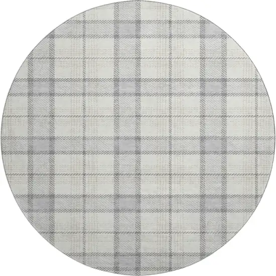 8' Silver Ivory And Gray Plaid Washable Round Rug With UV Protection Photo 1