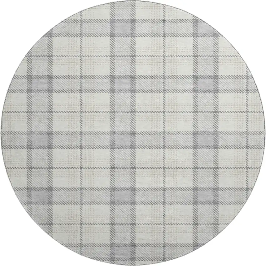 8' Silver Ivory And Gray Plaid Washable Round Rug With UV Protection Photo 1