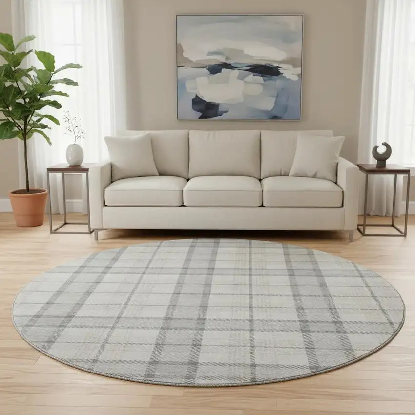 8' Silver Ivory And Gray Plaid Washable Round Rug With UV Protection Photo 2