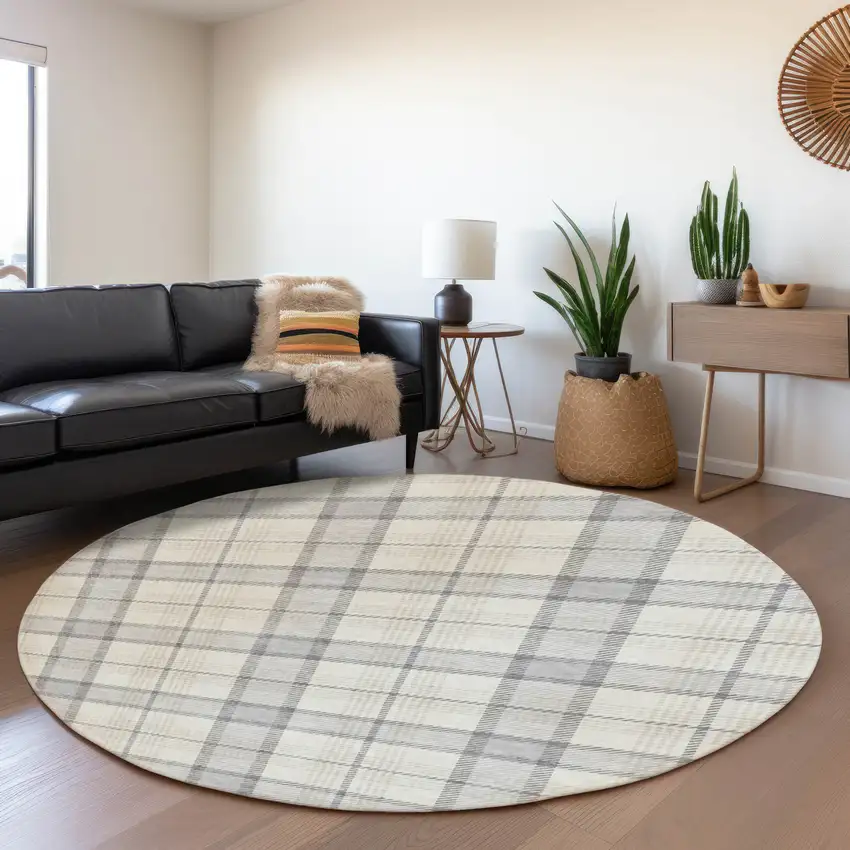 8' Silver Ivory And Gray Plaid Washable Round Rug With UV Protection Photo 4