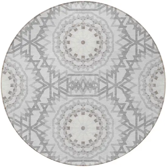 8' Silver Ivory And Gray Round Floral Medallion Washable Indoor Outdoor Area Rug Photo 5