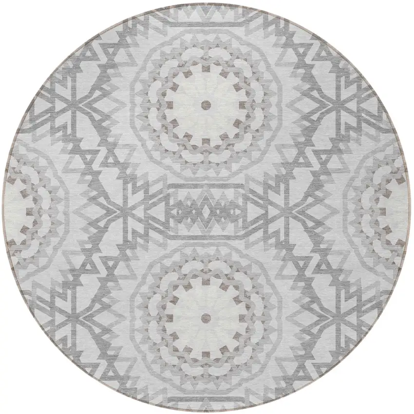 8' Silver Ivory And Gray Round Floral Medallion Washable Indoor Outdoor Area Rug Photo 5