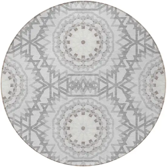 8' Silver Ivory And Gray Round Floral Medallion Washable Indoor Outdoor Area Rug Photo 5