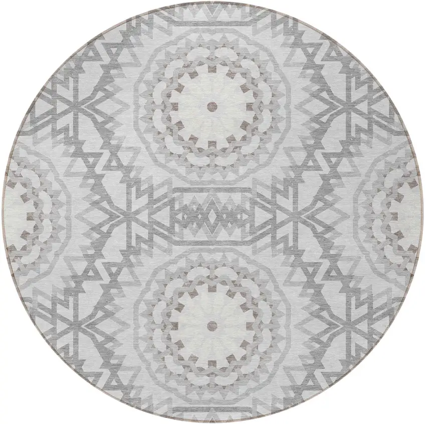 8' Silver Ivory And Gray Round Floral Medallion Washable Indoor Outdoor Area Rug Photo 5