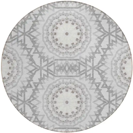 8' Silver Ivory And Gray Round Floral Medallion Washable Indoor Outdoor Area Rug Photo 2