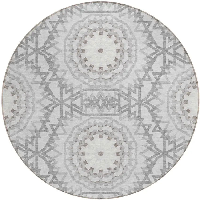 8' Silver Ivory And Gray Round Floral Medallion Washable Indoor Outdoor Area Rug Photo 2