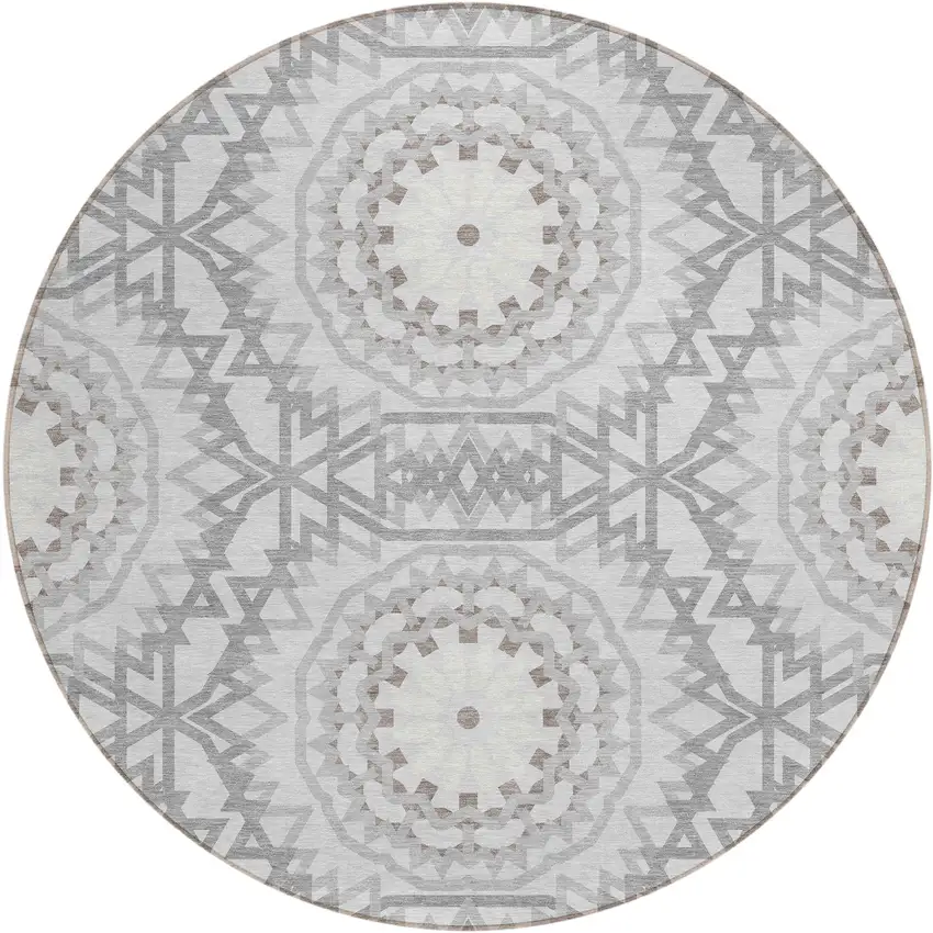 8' Silver Ivory And Gray Round Floral Medallion Washable Indoor Outdoor Area Rug Photo 2