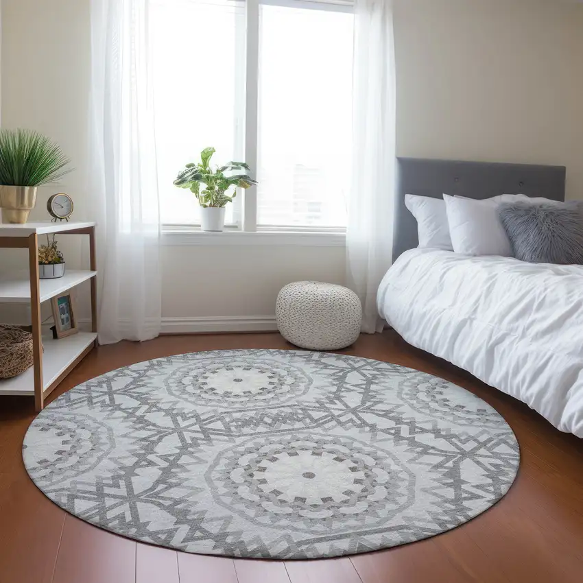 8' Silver Ivory And Gray Round Floral Medallion Washable Indoor Outdoor Area Rug Photo 7
