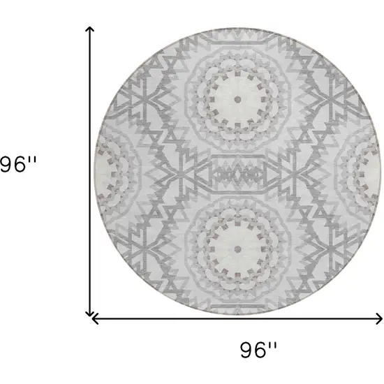 8' Silver Ivory And Gray Round Floral Medallion Washable Indoor Outdoor Area Rug Photo 3