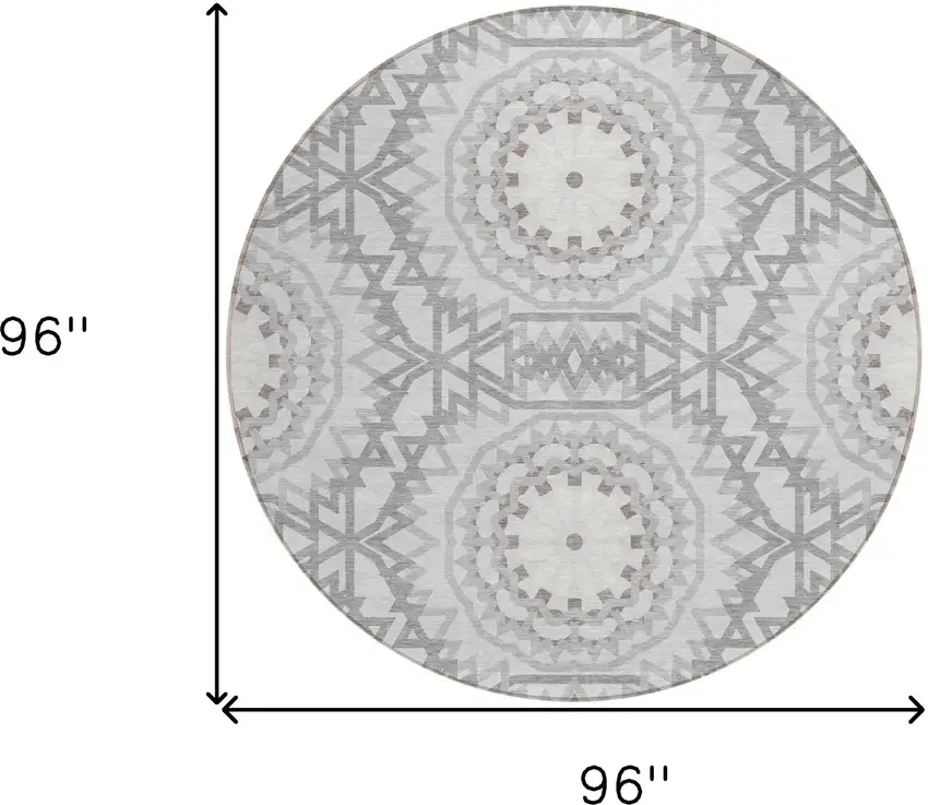 8' Silver Ivory And Gray Round Floral Medallion Washable Indoor Outdoor Area Rug Photo 3