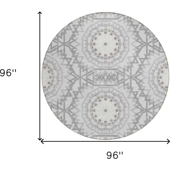 8' Silver Ivory And Gray Round Floral Medallion Washable Indoor Outdoor Area Rug Photo 3