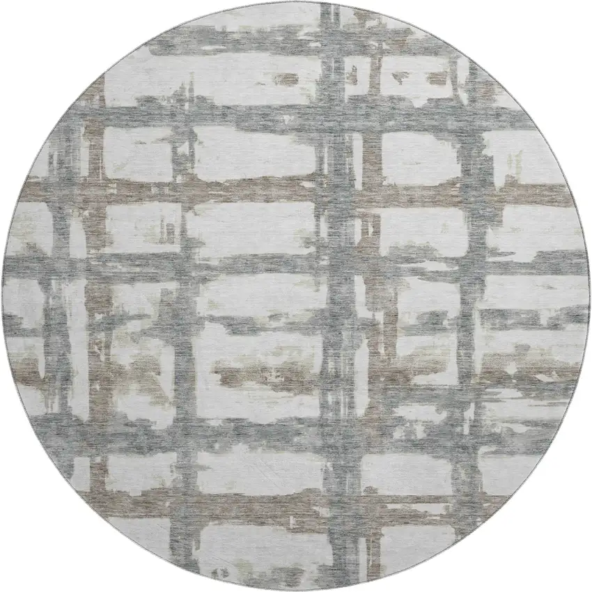 8' Silver Ivory And Gray Striped Washable Round Rug With UV Protection Photo 1