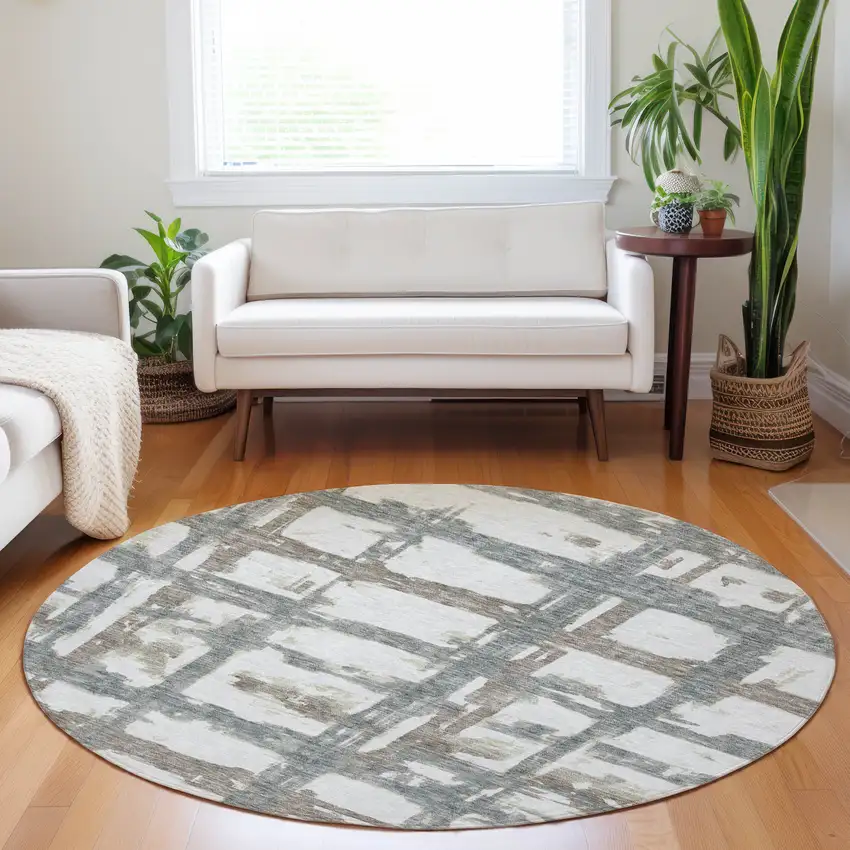 8' Silver Ivory And Gray Striped Washable Round Rug With UV Protection Photo 5