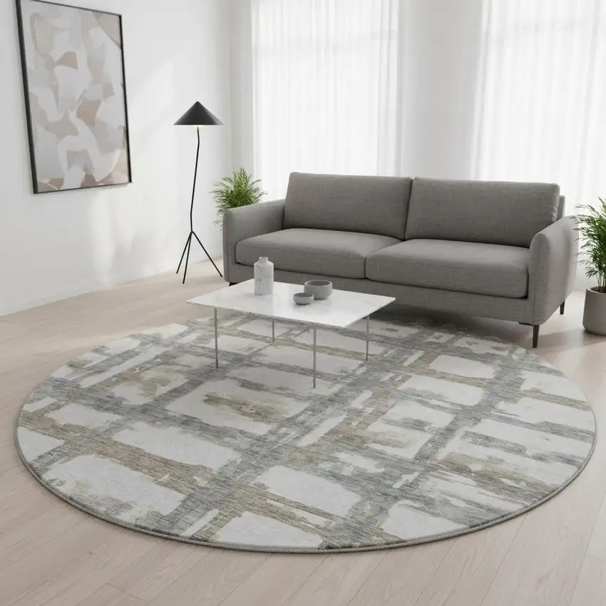 8' Silver Ivory And Gray Striped Washable Round Rug With UV Protection Photo 2