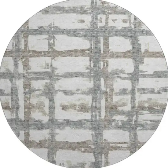 8' Silver Ivory And Gray Striped Washable Round Rug With UV Protection Photo 3