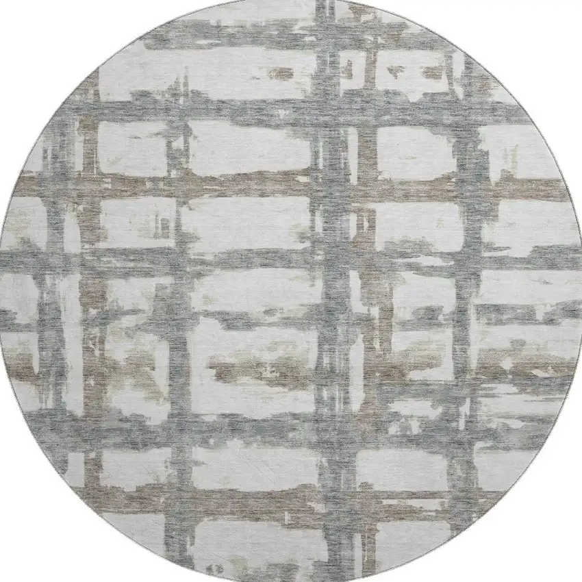 8' Silver Ivory And Gray Striped Washable Round Rug With UV Protection Photo 3