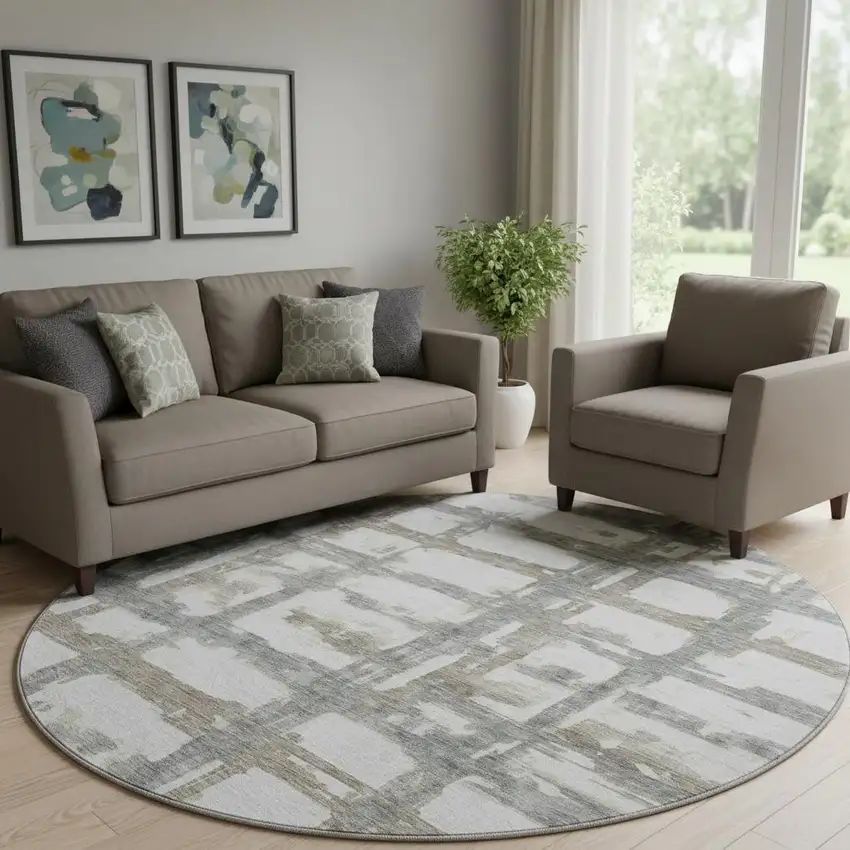 8' Silver Ivory And Gray Striped Washable Round Rug With UV Protection Photo 1