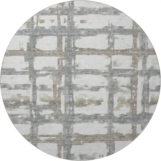 8' Silver Ivory And Gray Striped Washable Round Rug With UV Protection Photo 4