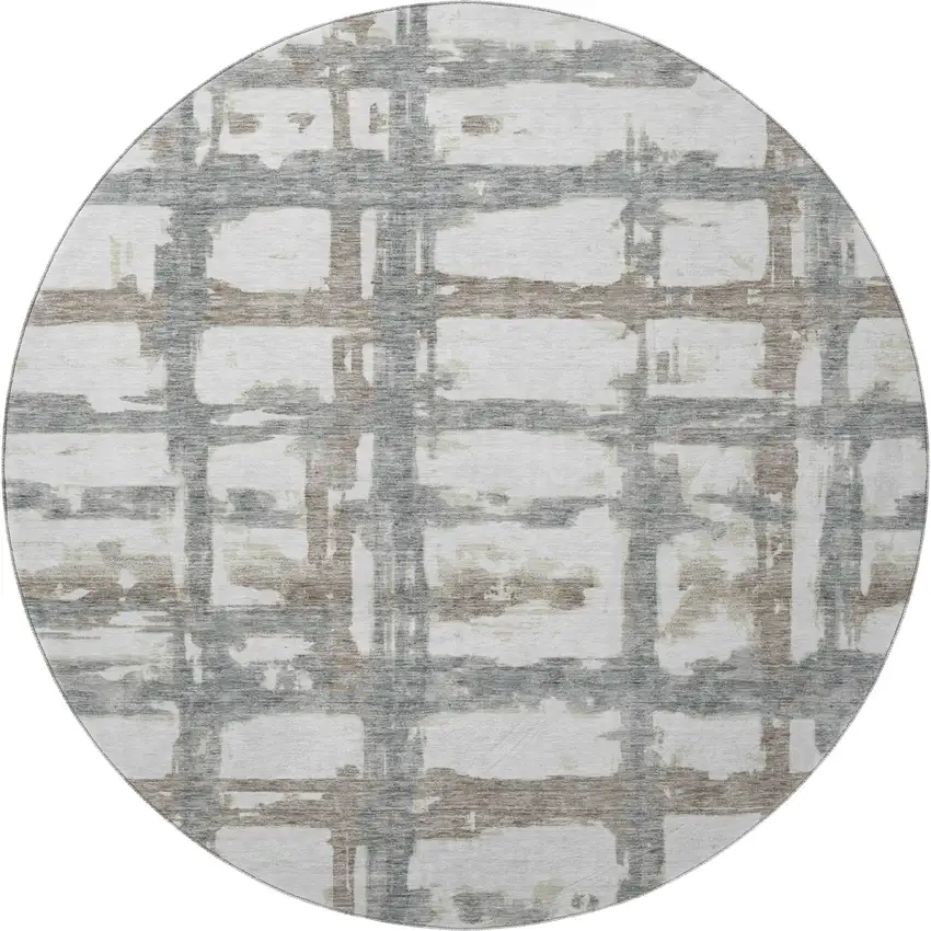 8' Silver Ivory And Gray Striped Washable Round Rug With UV Protection Photo 4