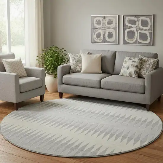 8' Silver Ivory And Gray Striped Washable Round Rug With UV Protection Photo 1