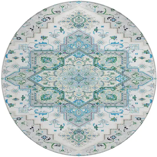 8' Silver Ivory And Green Round Oriental Washable Indoor Outdoor Area Rug Photo 2