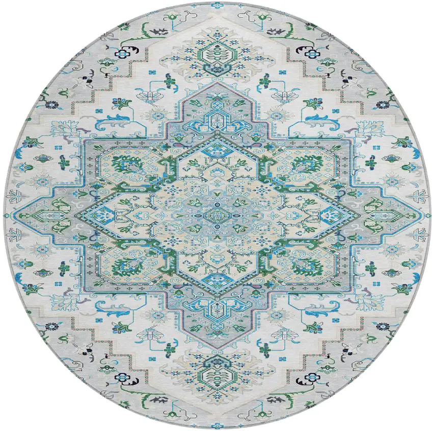 8' Silver Ivory And Green Round Oriental Washable Indoor Outdoor Area Rug Photo 2