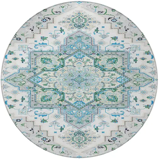 8' Silver Ivory And Green Round Oriental Washable Indoor Outdoor Area Rug Photo 5