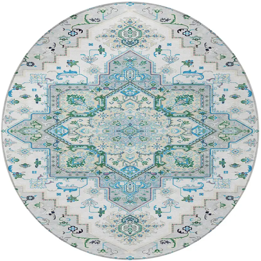 8' Silver Ivory And Green Round Oriental Washable Indoor Outdoor Area Rug Photo 5