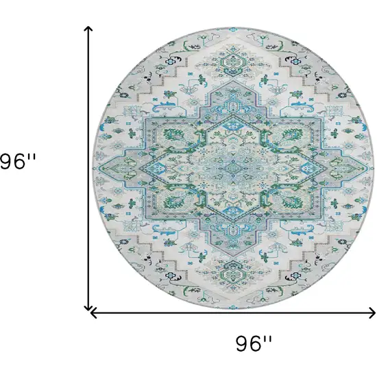 8' Silver Ivory And Green Round Oriental Washable Indoor Outdoor Area Rug Photo 3