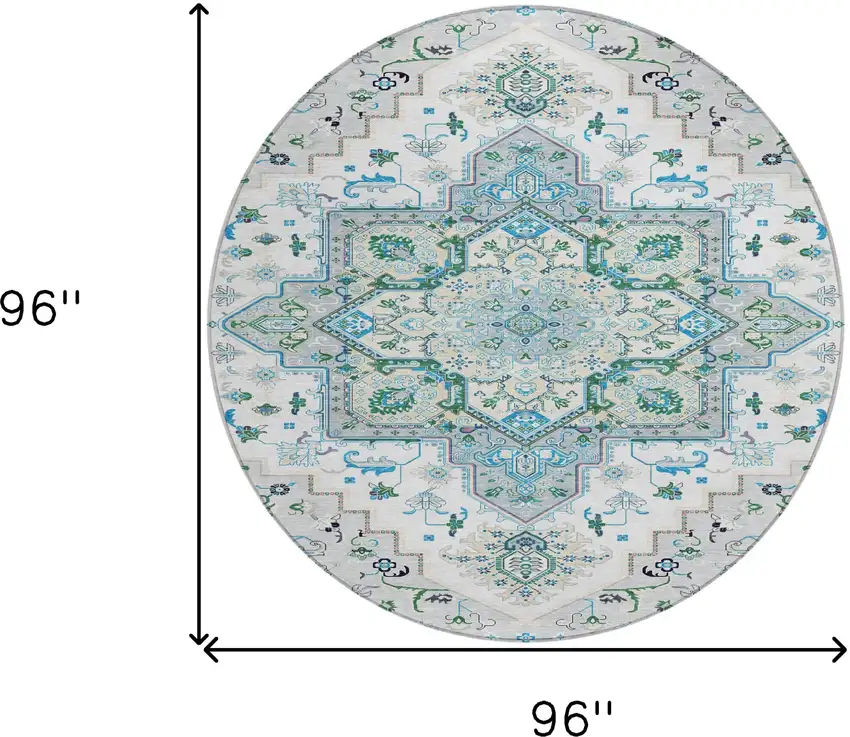 8' Silver Ivory And Green Round Oriental Washable Indoor Outdoor Area Rug Photo 3